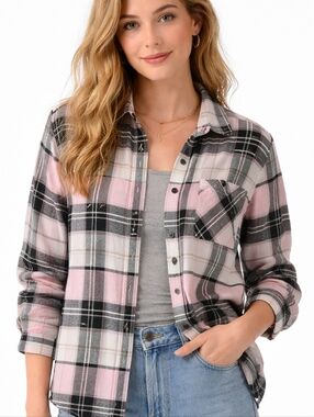 Band of Gypsies Plaid Button Down Shirt Pink Black Cream Boho Lightweight